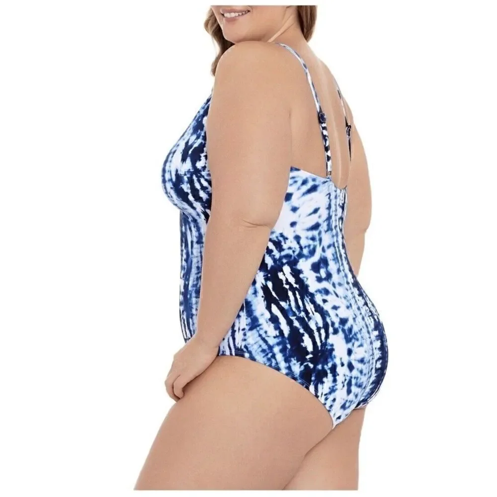 NWT Sz 22 Time Tru tie dye one piece swimsuit, blue, lined, w bust pads.